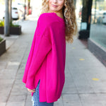 Be Bold Magenta Oversized V Neck Rib Knit Sweater