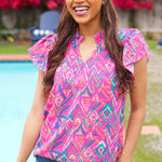 Eyes On You Fuchsia Boho Ikat Print Frill Notch Neck Top