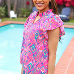 Eyes On You Fuchsia Boho Ikat Print Frill Notch Neck Top