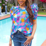 All For You Aqua Tropical Print Frill Notch Neck Puff Sleeve Top