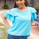 Lovely In Blue Tiered Double Ruffle Sleeve Woven Top