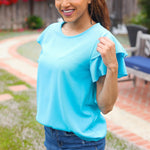 Lovely In Blue Tiered Double Ruffle Sleeve Woven Top