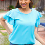 Lovely In Blue Tiered Double Ruffle Sleeve Woven Top