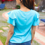 Lovely In Blue Tiered Double Ruffle Sleeve Woven Top