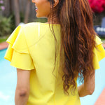 Lovely In Yellow Tiered Double Ruffle Sleeve Woven Top