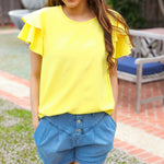 Lovely In Yellow Tiered Double Ruffle Sleeve Woven Top