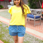 Lovely In Yellow Tiered Double Ruffle Sleeve Woven Top