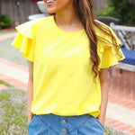 Lovely In Yellow Tiered Double Ruffle Sleeve Woven Top