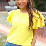 Lovely In Yellow Tiered Double Ruffle Sleeve Woven Top