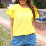 Lovely In Yellow Tiered Double Ruffle Sleeve Woven Top