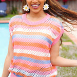 Pretty In Pink & Blue Striped Netted Crochet Dolman Sweater Top