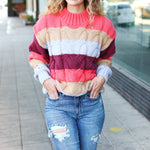 Fall For You Rust Multicolor Stripe Cable Knit Mock Neck Sweater