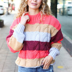 Fall For You Rust Multicolor Stripe Cable Knit Mock Neck Sweater