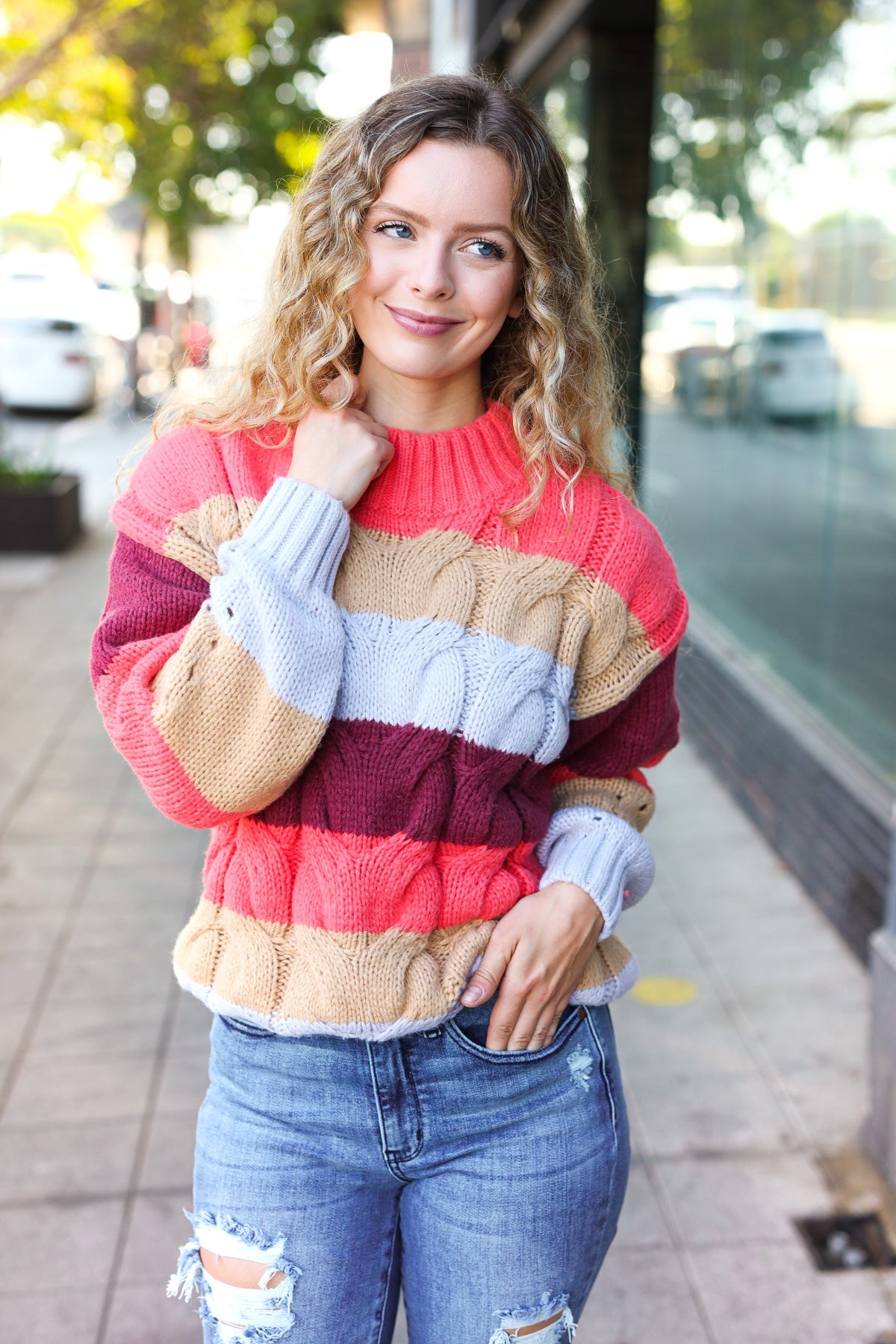 Fall For You Rust Multicolor Stripe Cable Knit Mock Neck Sweater