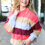 Fall For You Rust Multicolor Stripe Cable Knit Mock Neck Sweater