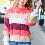 Fall For You Rust Multicolor Stripe Cable Knit Mock Neck Sweater