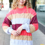 Fall For You Rust Multicolor Stripe Cable Knit Mock Neck Sweater