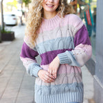 Fall For You Mauve Multicolor Stripe Cable Knit Mock Neck Sweater