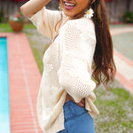 Feel Charming Oatmeal Floral Netted Crochet 3/4 Sleeve Sweater Top