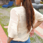 Feel Charming Oatmeal Floral Netted Crochet 3/4 Sleeve Sweater Top