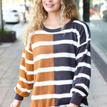 Camel & Charcoal Striped Color Block Sweater