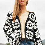 Two-Tone Floral Square Crochet Open Knit Cardigan