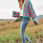 Two-Tone Floral Square Crochet Open Knit Cardigan