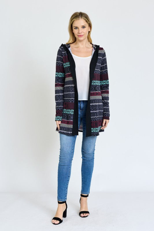 Plus Long Tribal Print Hooded Cardigan