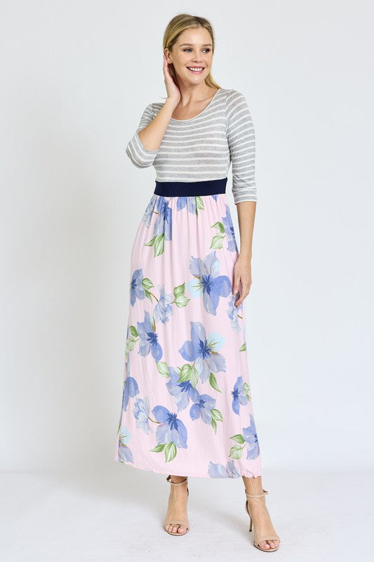 Stripe Band Floral Maxi Dress