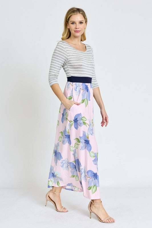 Stripe Band Floral Maxi Dress