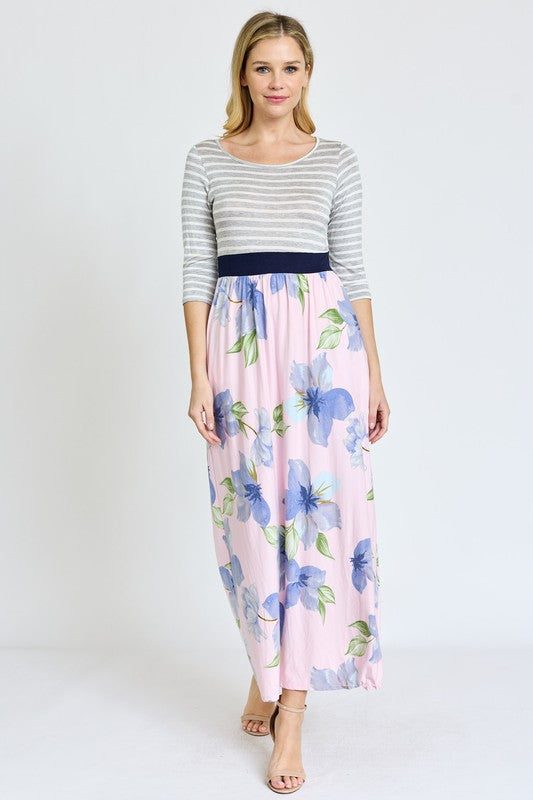 Stripe Band Floral Maxi Dress