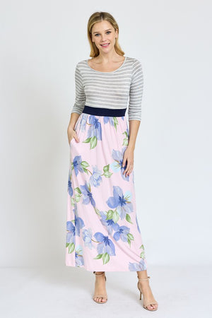 Stripe Band Floral Maxi Dress