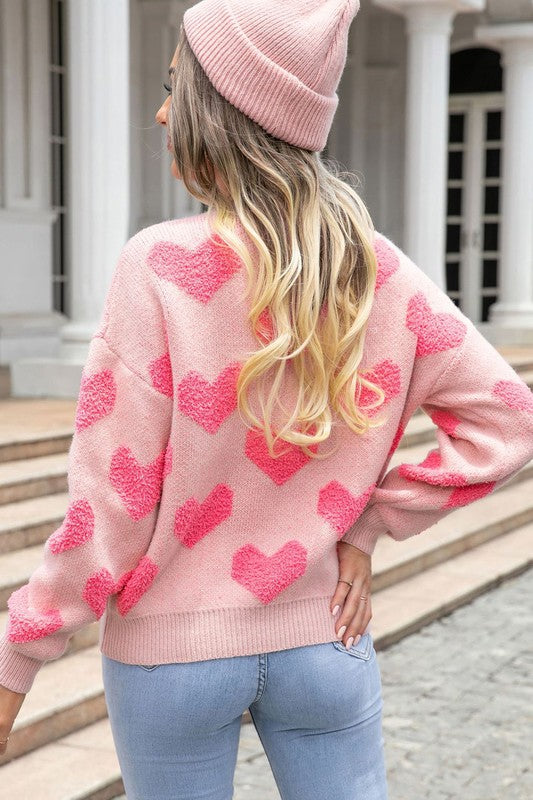 Fuzzy heart pink knit sweater Valentine