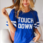 Stand Out Blue "TOUCHDOWN" Sequin Bubble Sleeve Game Day Top