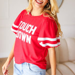 Stand Out Red "TOUCHDOWN" Sequin Bubble Sleeve Game Day Top