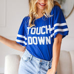 Stand Out Blue "TOUCHDOWN" Sequin Bubble Sleeve Game Day Top