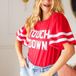 Stand Out Red "TOUCHDOWN" Sequin Bubble Sleeve Game Day Top