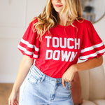 Stand Out Red "TOUCHDOWN" Sequin Bubble Sleeve Game Day Top