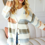 Ivory Striped Button Down Fuzzy Knit Cardigan