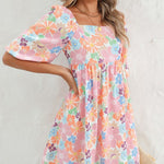 Square neck bubble puff sleeve floral coral dress