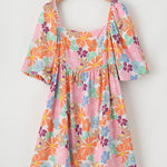 Square neck bubble puff sleeve floral coral dress