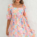 Square neck bubble puff sleeve floral coral dress