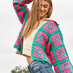 Two-Tone Floral Square Crochet Open Knit Cardigan