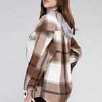 Plaid Drawstring Hooded Fleece Shacket