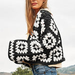 Two-Tone Floral Square Crochet Open Knit Cardigan