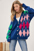 Plush Argyle Button Front Loose Fit Knit Cardigan