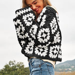 Two-Tone Floral Square Crochet Open Knit Cardigan