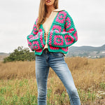 Two-Tone Floral Square Crochet Open Knit Cardigan