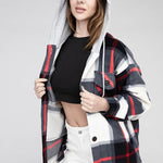 Plaid Drawstring Hooded Fleece Shacket