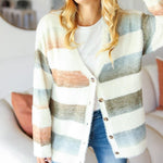 Ivory Striped Button Down Fuzzy Knit Cardigan